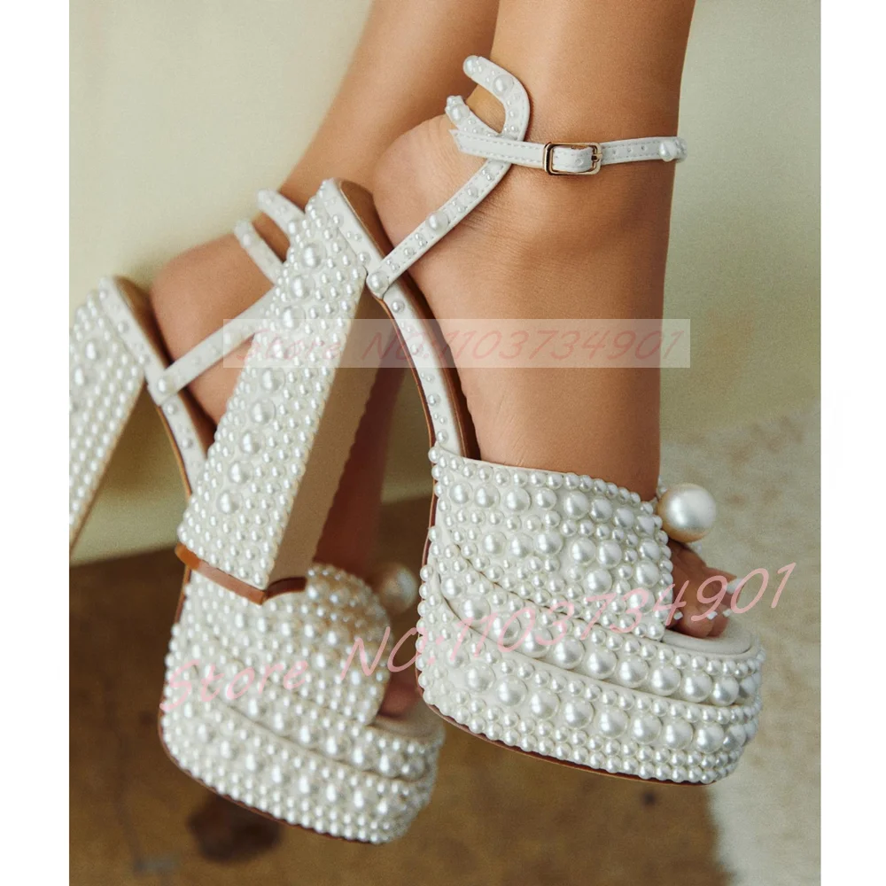 Square Toe Mule - Women's White Pearl Platform Sandals Ankle