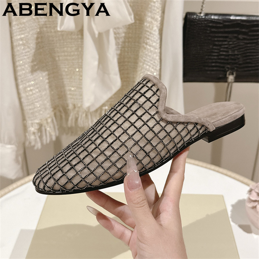Women Shoes For Walking - Shiny Lace Mesh Round Toe Flat