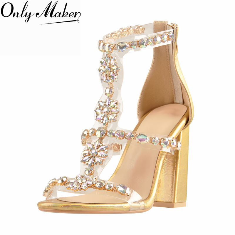 Clear Strap Heel - Onlymaker Women Gold Rhinestone Gladiator Sandals