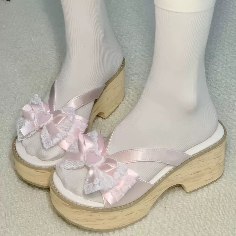 Square Toe Mule - Sweet Bow Wood Grain Thick Bottom