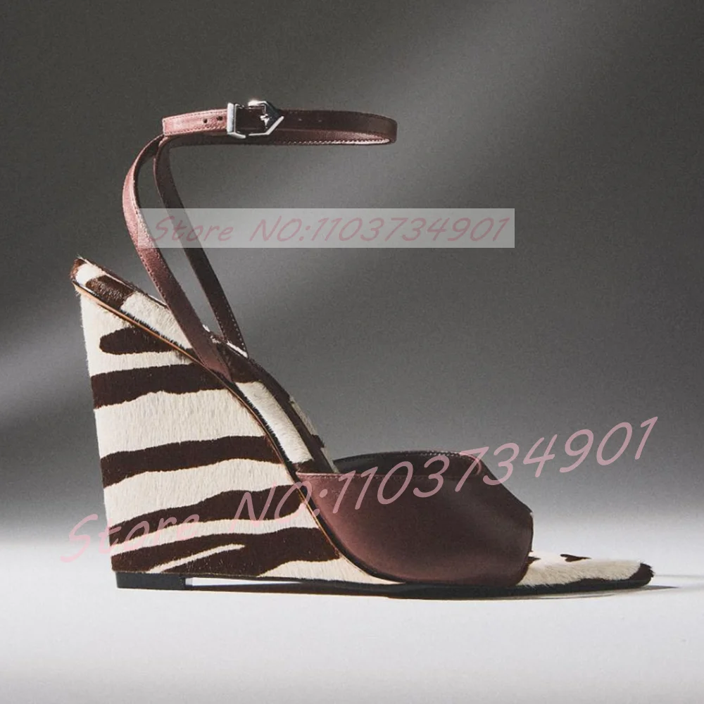 Clear Strap Heel - Zebra-Print Horsehair Wedge Sandals Women Ankle