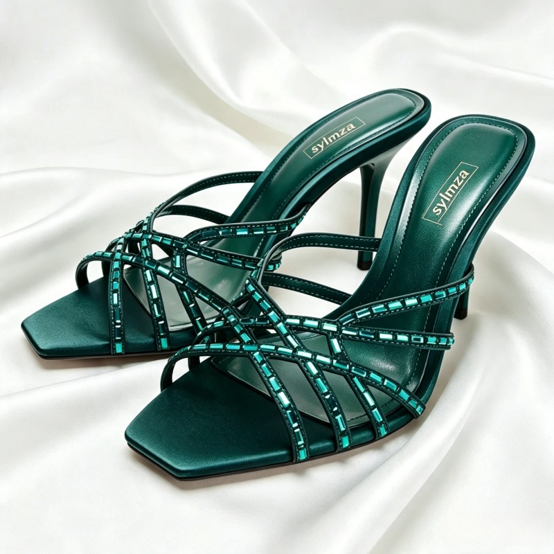 Women'S Shoes Navy Blue - Unique Peacock Blue Crystal Detail Heeled