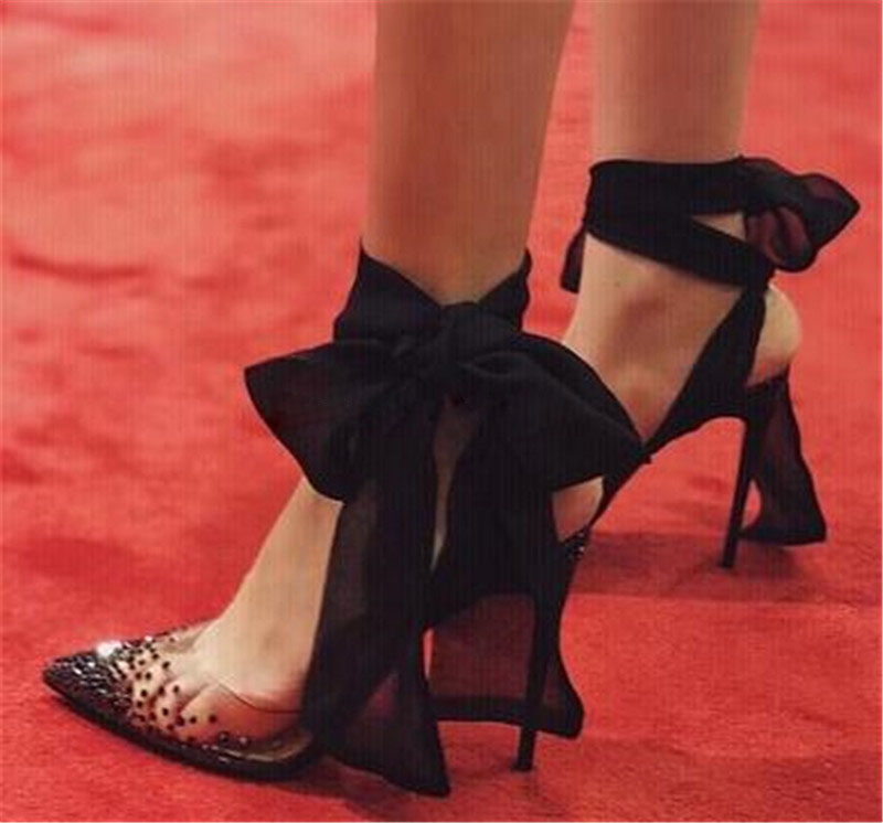 Red White Black Mesh Ribbon La - огляд і ціна Clear Strap Heel